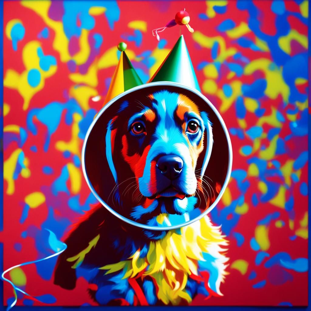 Puppy Celebrates with Party Hat: Hyperrealistic Splash Art