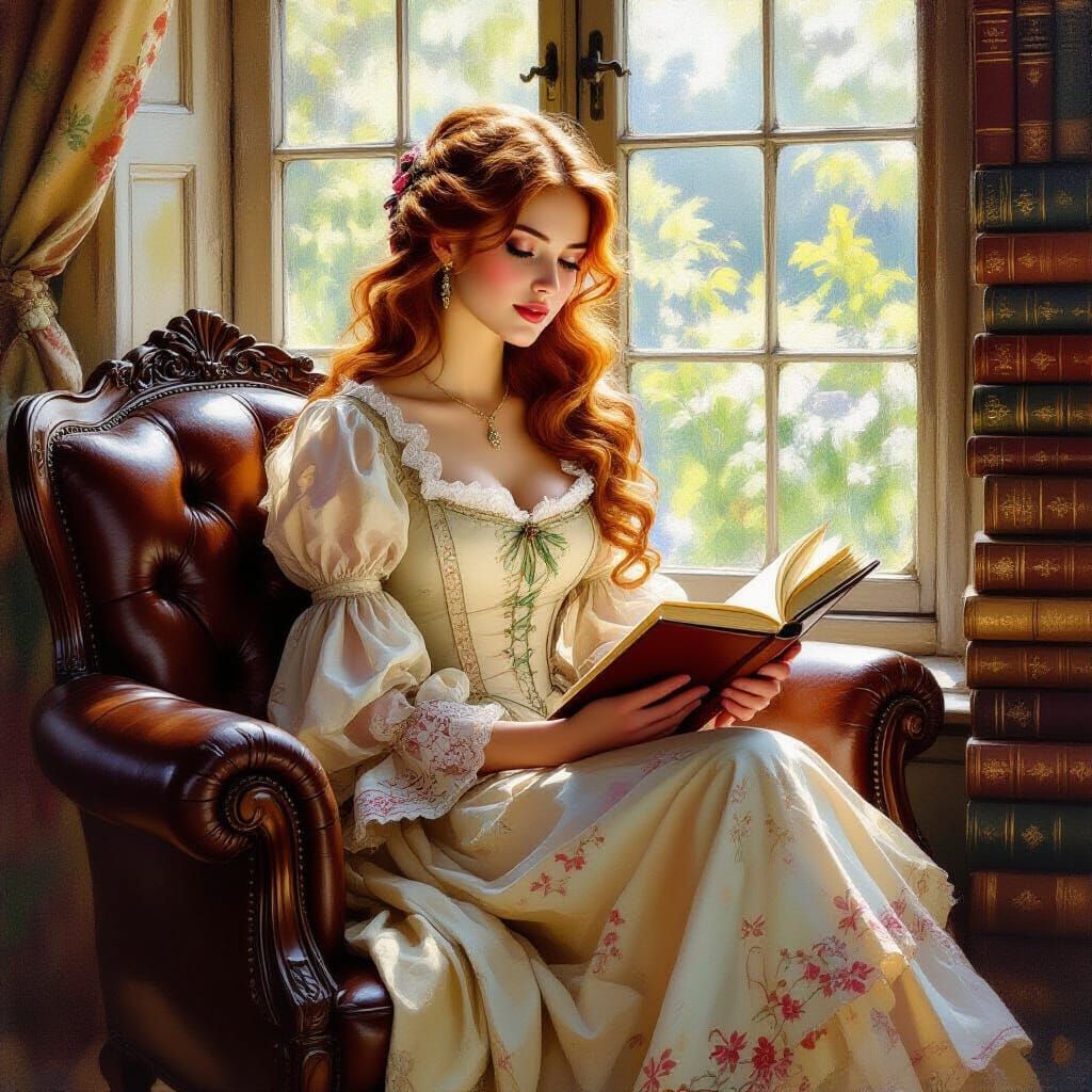 Victorian Woman Reading by Window, Impressionistic Style