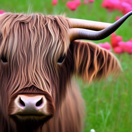 Highland Cow in Field with Steampunk Touch