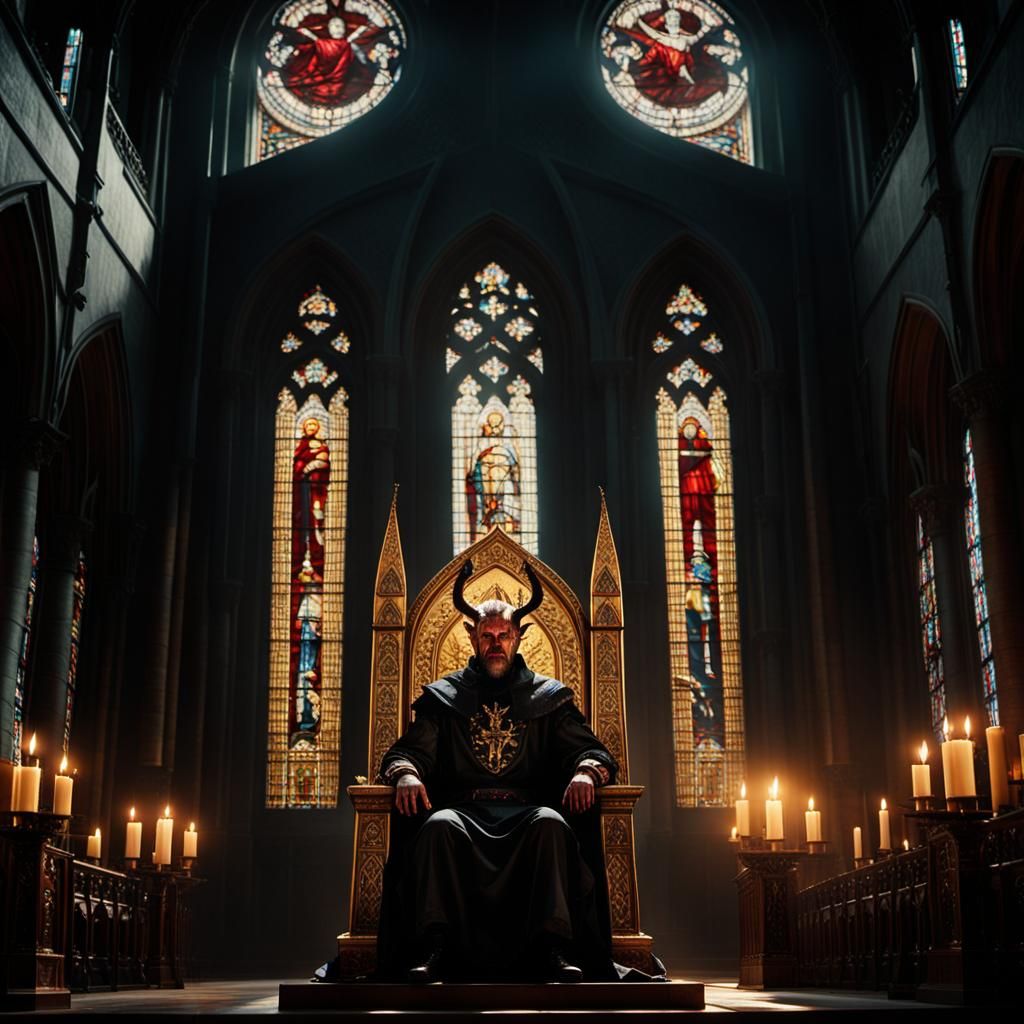Satan Enthroned in Ominous Cathedral: Cinematic Film Still