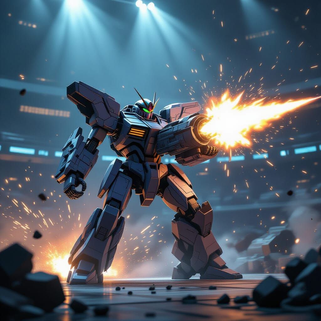 Colossal Mecha Unleashes Energy Blast in Futuristic Arena