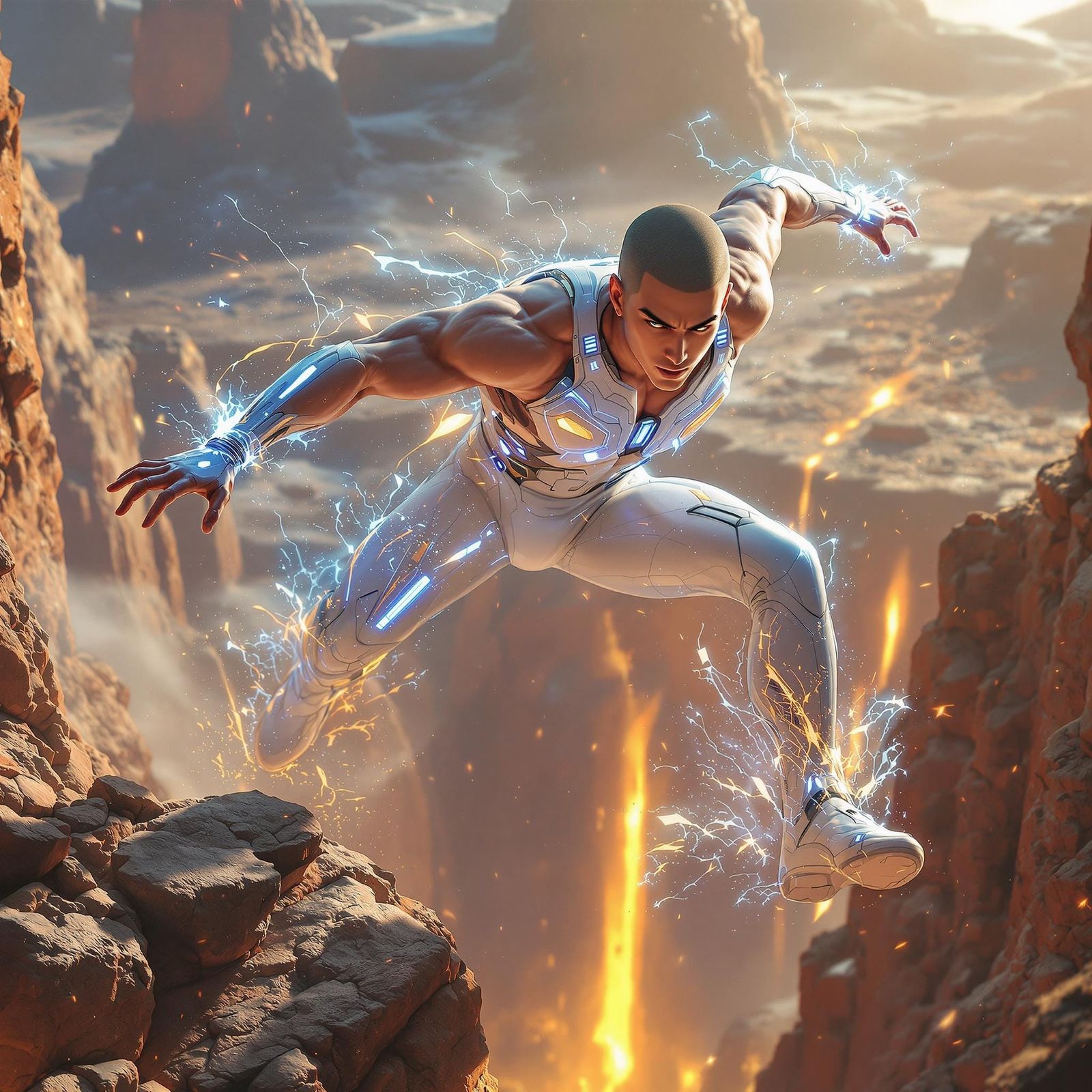 Asian Athlete Leaps Over Alien Chasm: 3D Anime Art