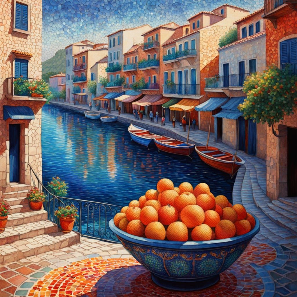 Mediterranean Market Scene in Mosaic Art Style