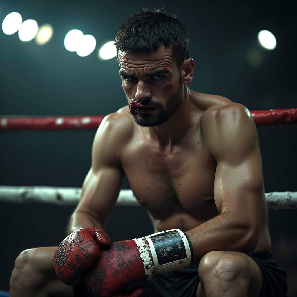 Boxer Resting Between Rounds: Hyperrealistic Portrait