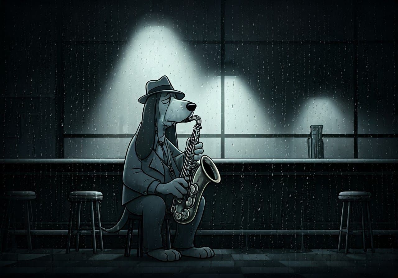 Melancholic Hound Dog Plays Saxophone in Empty Bar