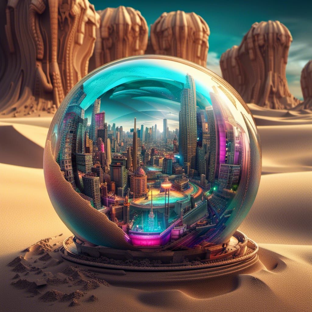 Cyberpunk City in Glass Sphere on Desert