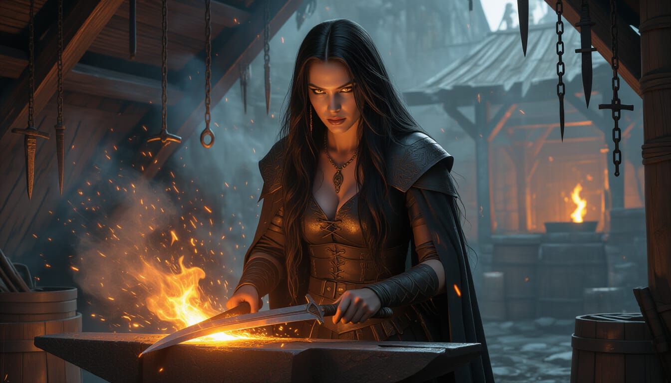 Mavarra the Blade Smith Forging a Sword in a Smoky Wagon-For...