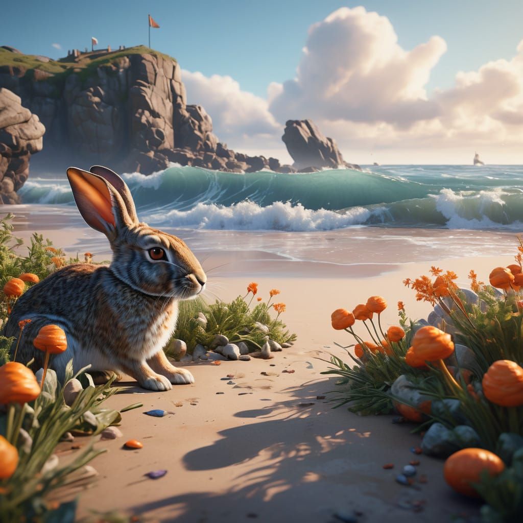 Whimsical Beach Scene of Rabbit with Watercolor Dreaminess