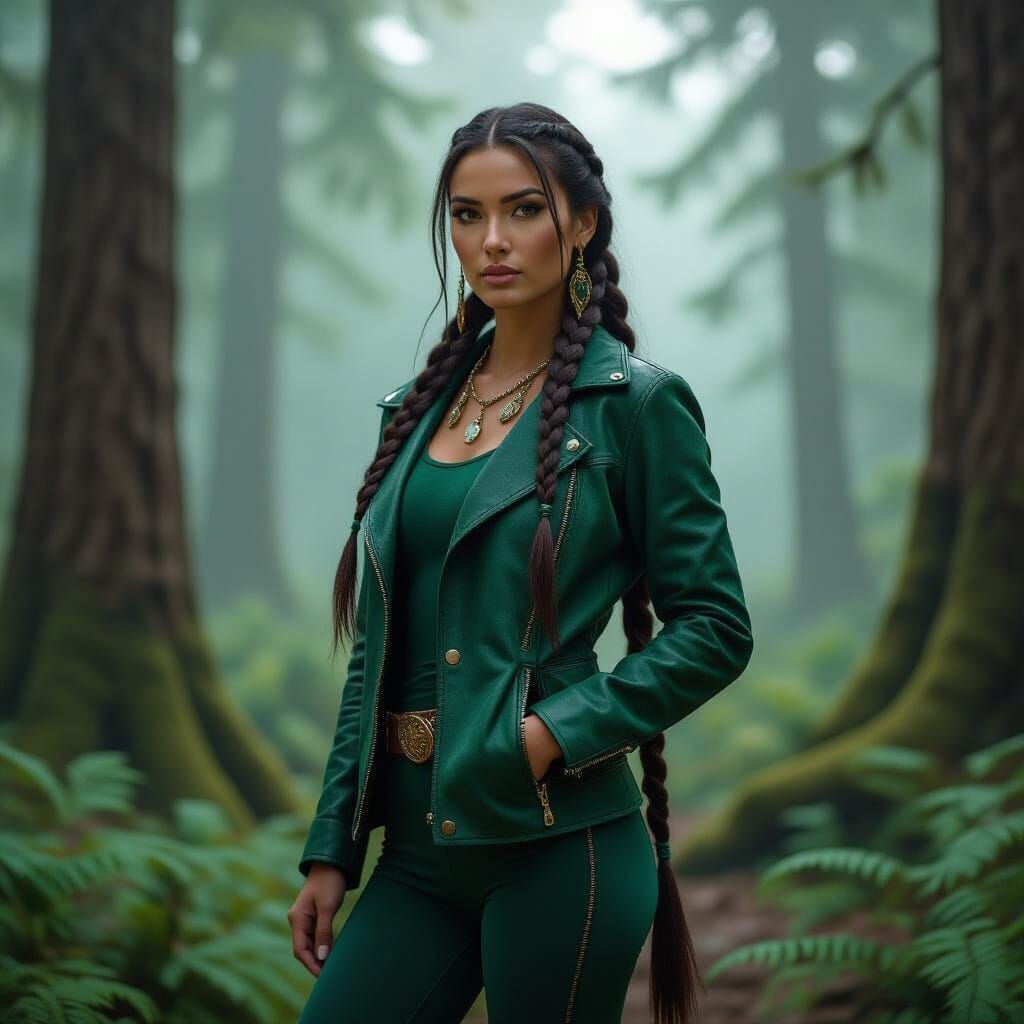 Native American Woman in Emerald Green in Misty Forest