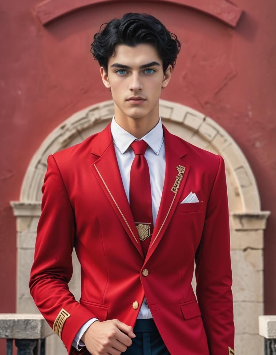 Handsome Greek Teen in Red School Uniform