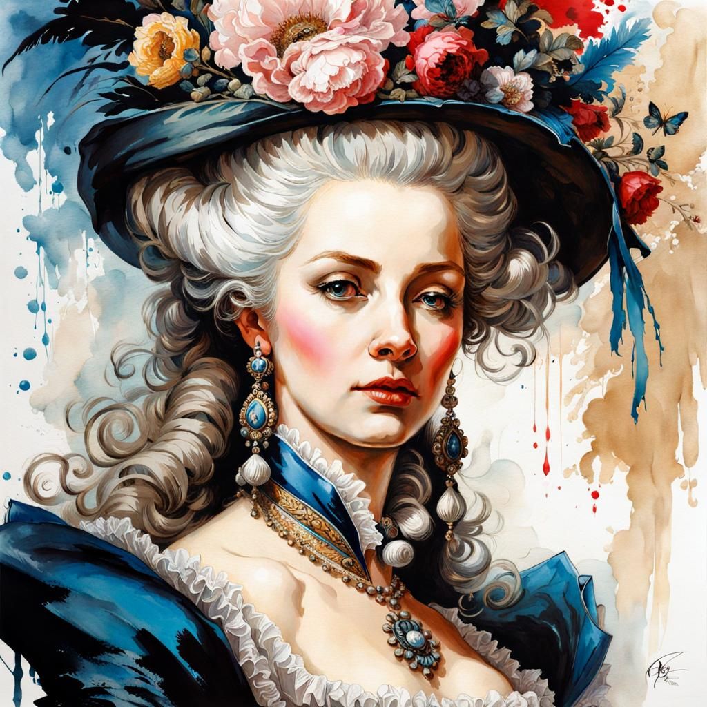 Marie Antoinette Portrait in Ink Splash Art Style