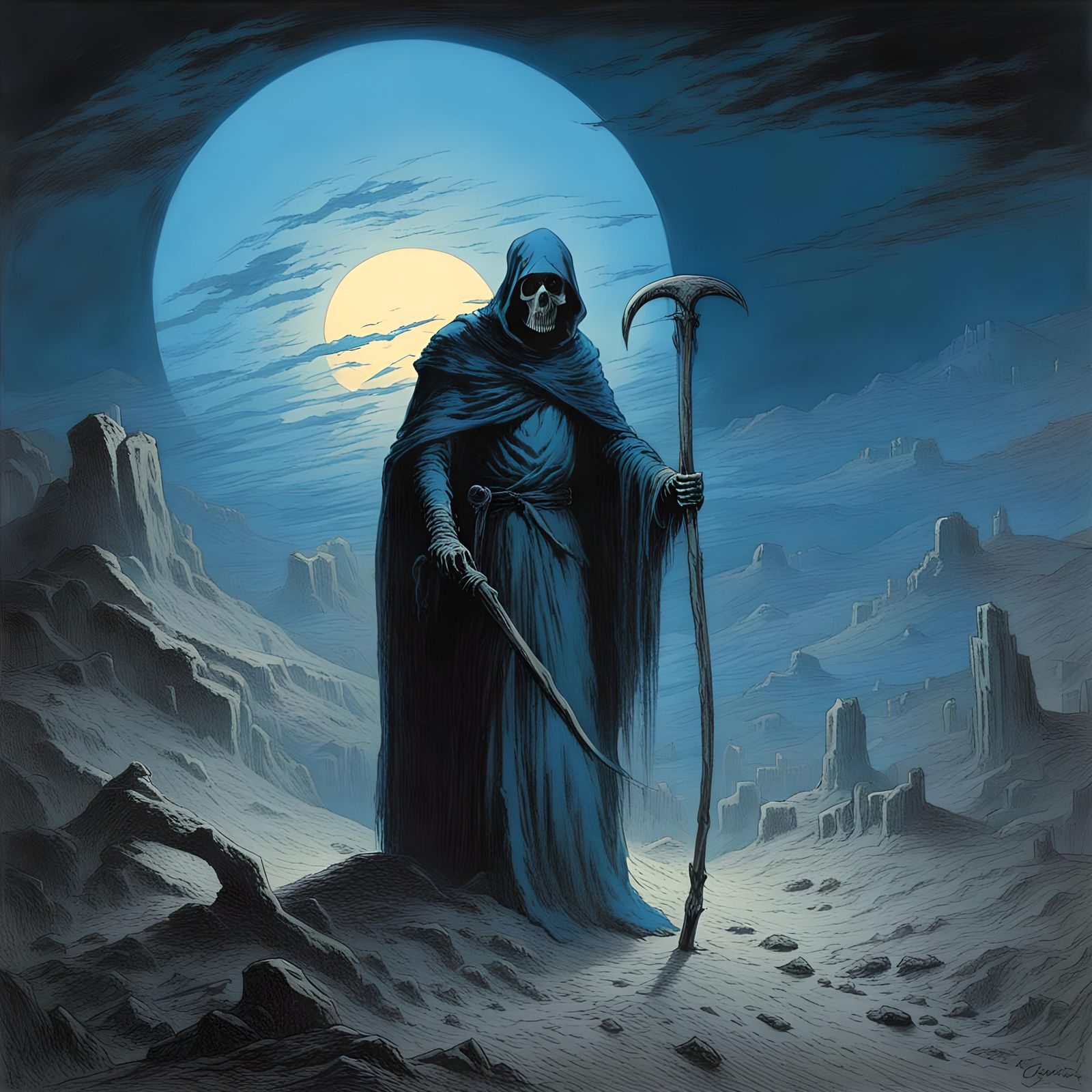 Death with Glowing Scythe in Dark Fantasy Style
