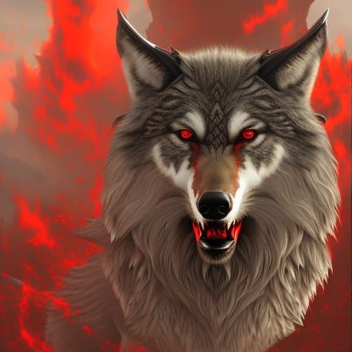 Demonic Wolf Portrait in Red and Black