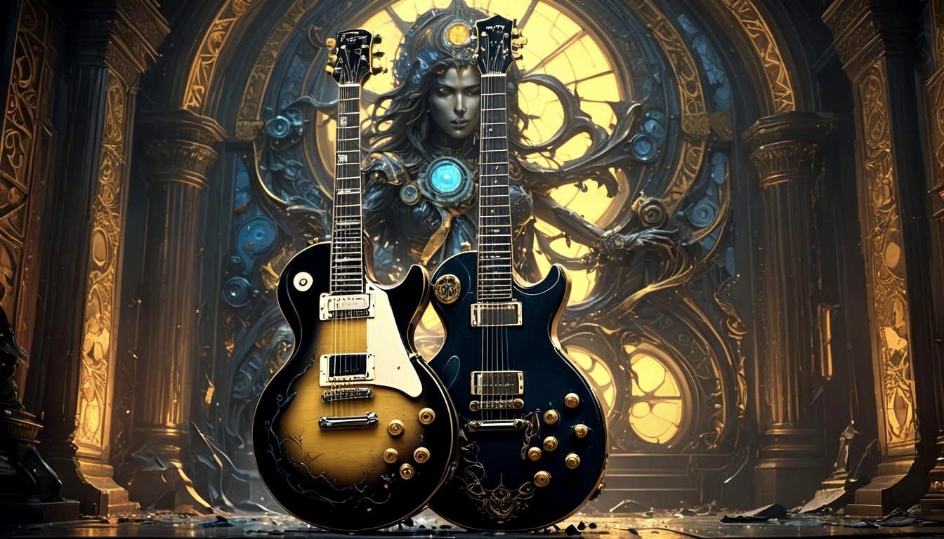 Les Paul and Stratocaster in Dark Fantasy Style