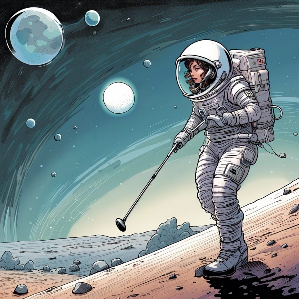 Astronaut Golfing on the Moon in Comic Book Style