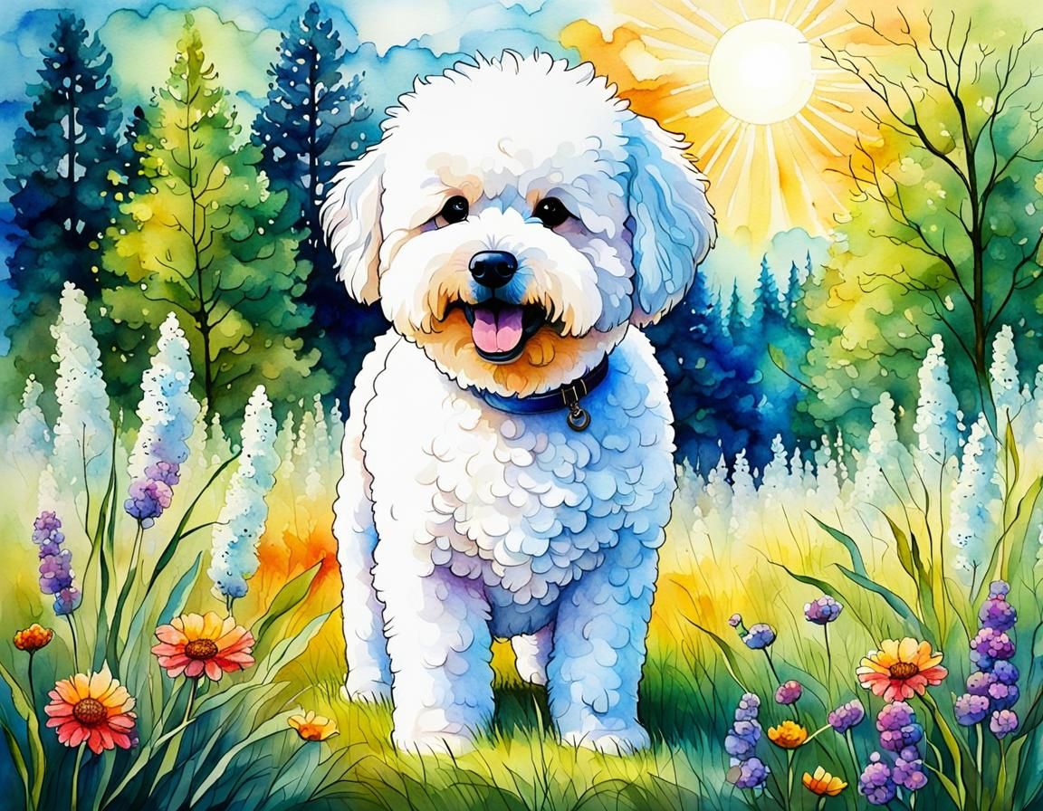 Happy Bichon Frise in Lush Meadow, Watercolor Style