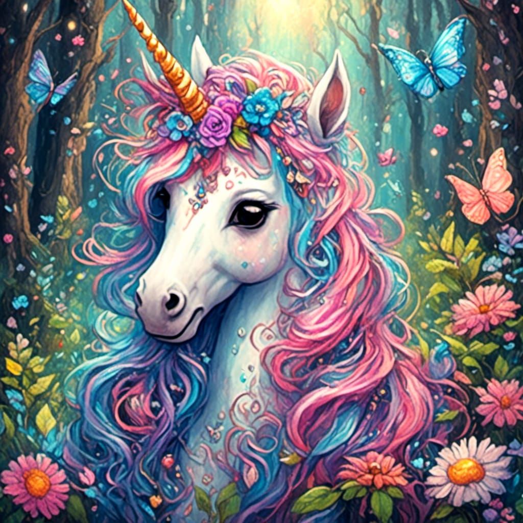 Chibi Unicorn in Enchanted Forest with Steampunk Elements