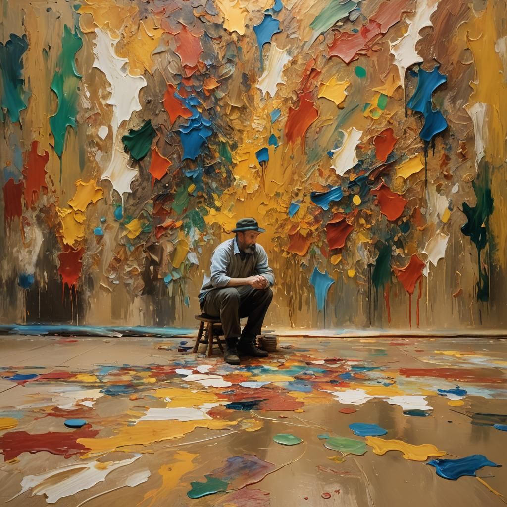 A image captures an artist sitting in front of a large canva...