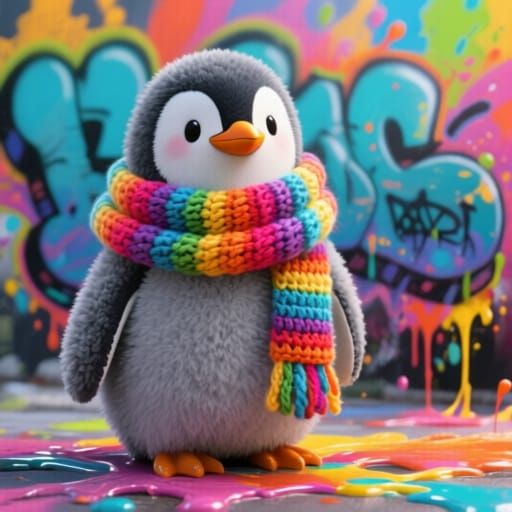 Rainbow Scarf Penguin in Graffiti Splash Art Style