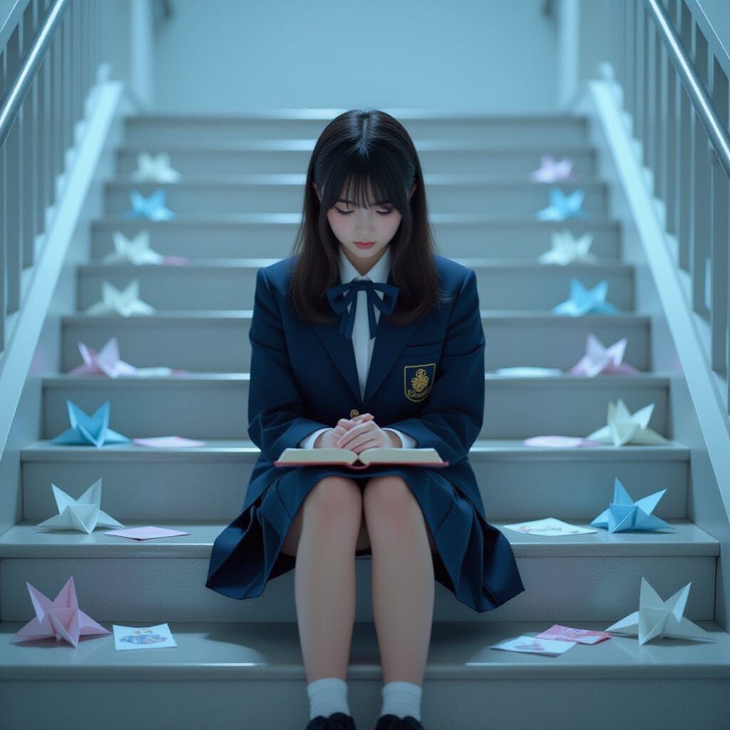 Pensive Girl with Origami in Dreamlike Lighting