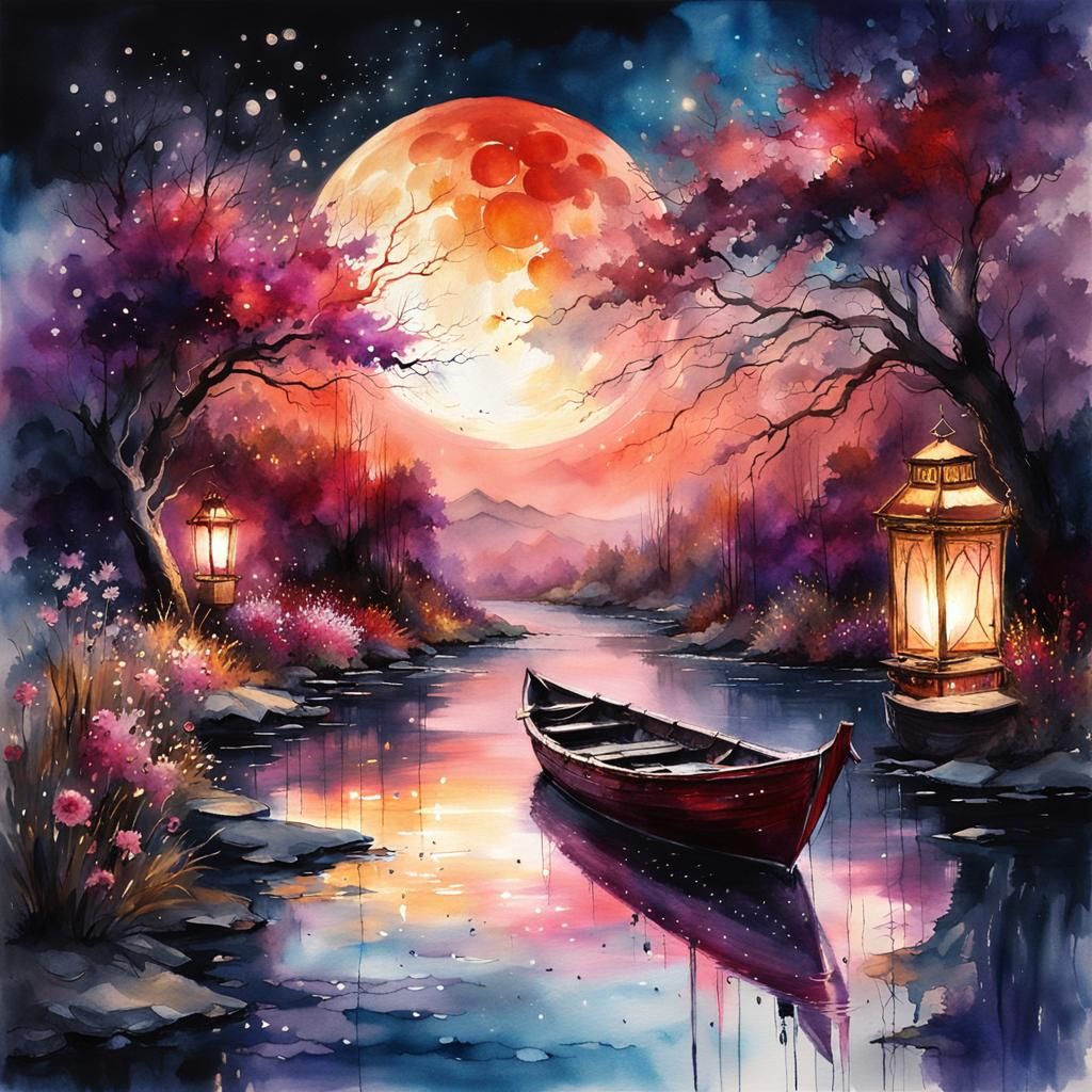 Epic Gateway with Blood Moon, Watercolor Style