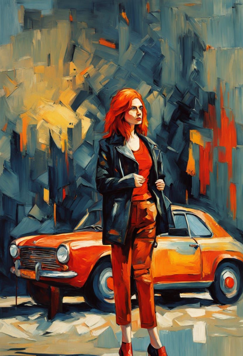 Young Woman in Edgy Mood, Standing in Front of a Vintage Car