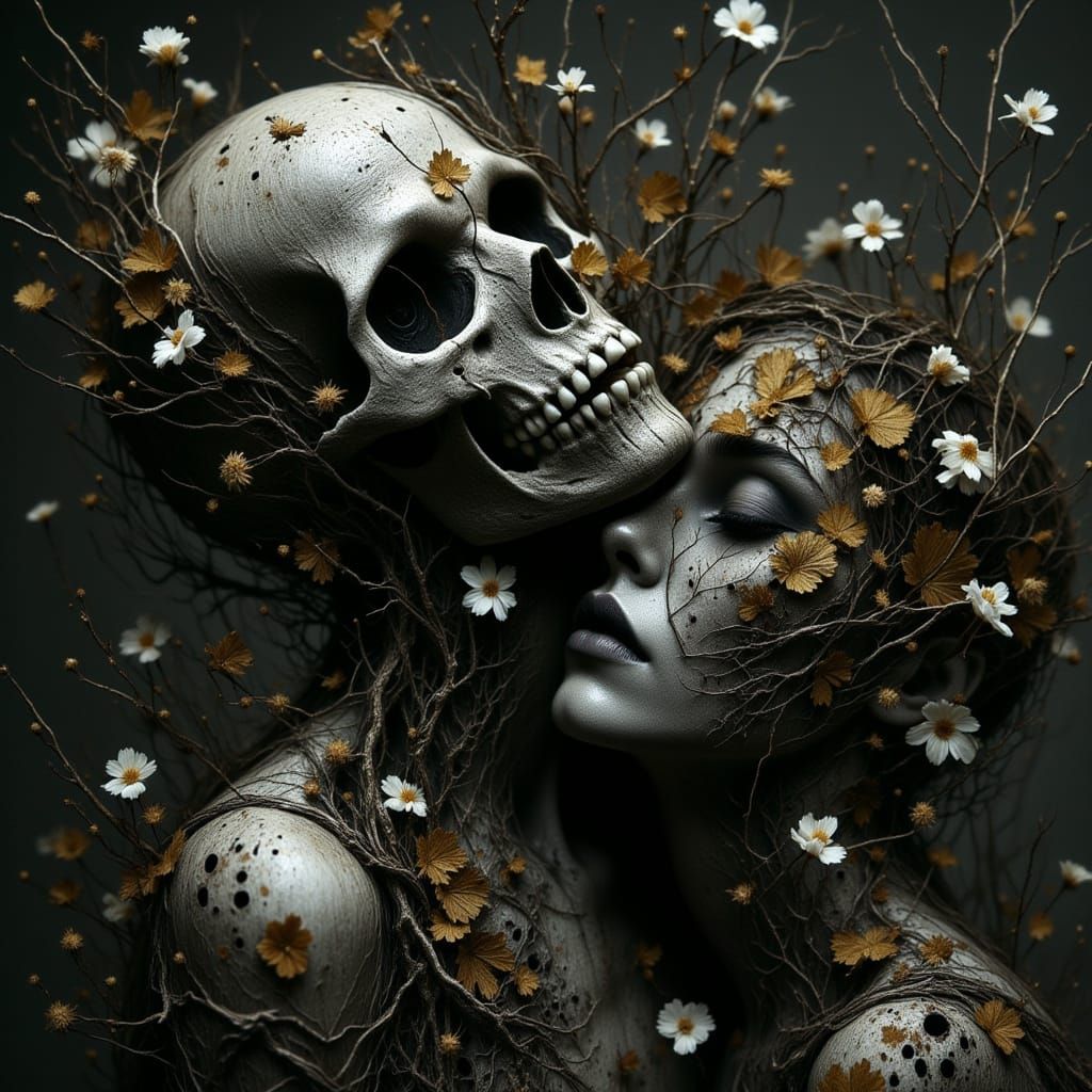 Haunting Skull Portrait Blending Life and Decay
