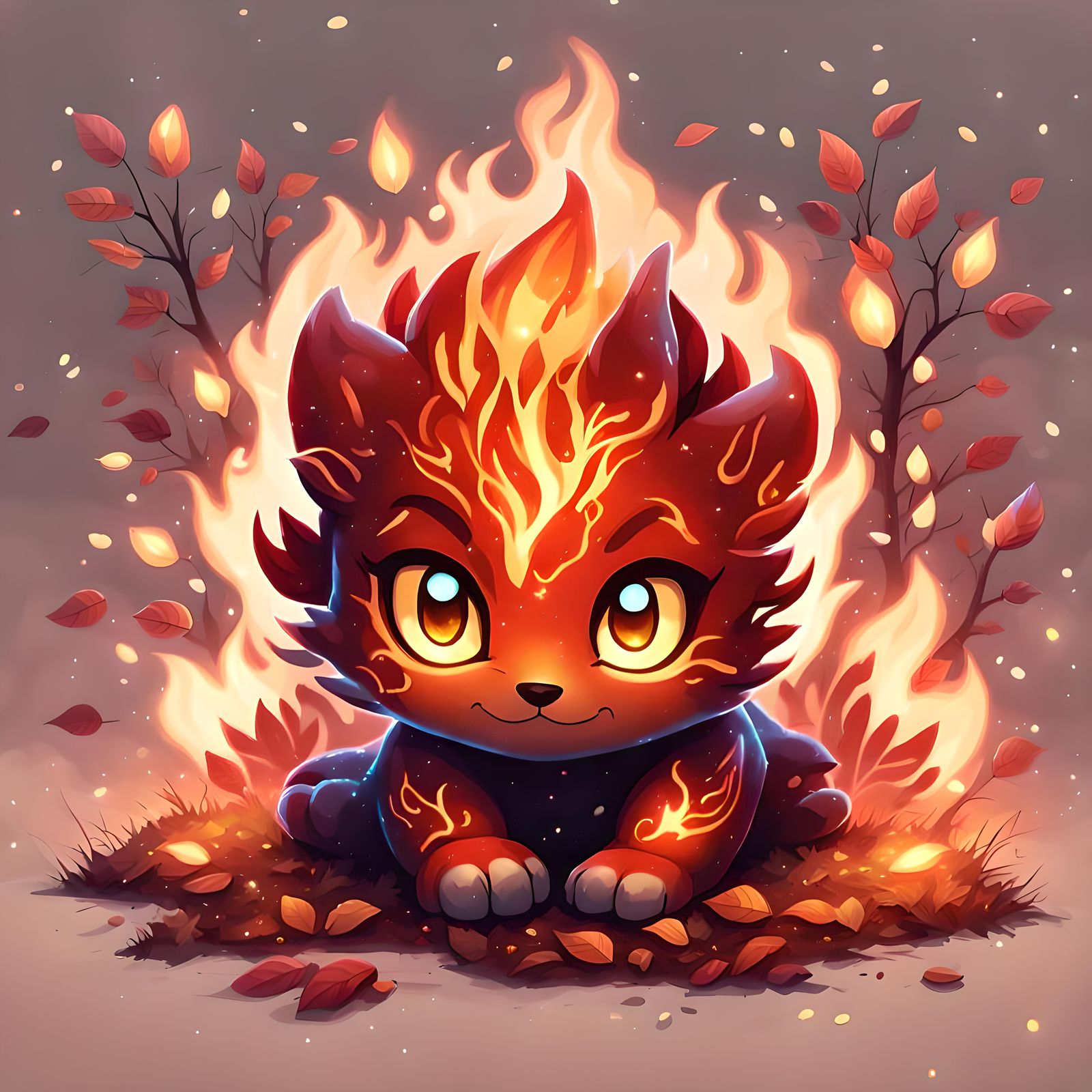 Cute Fire Elemental in Enchanting Night Scene