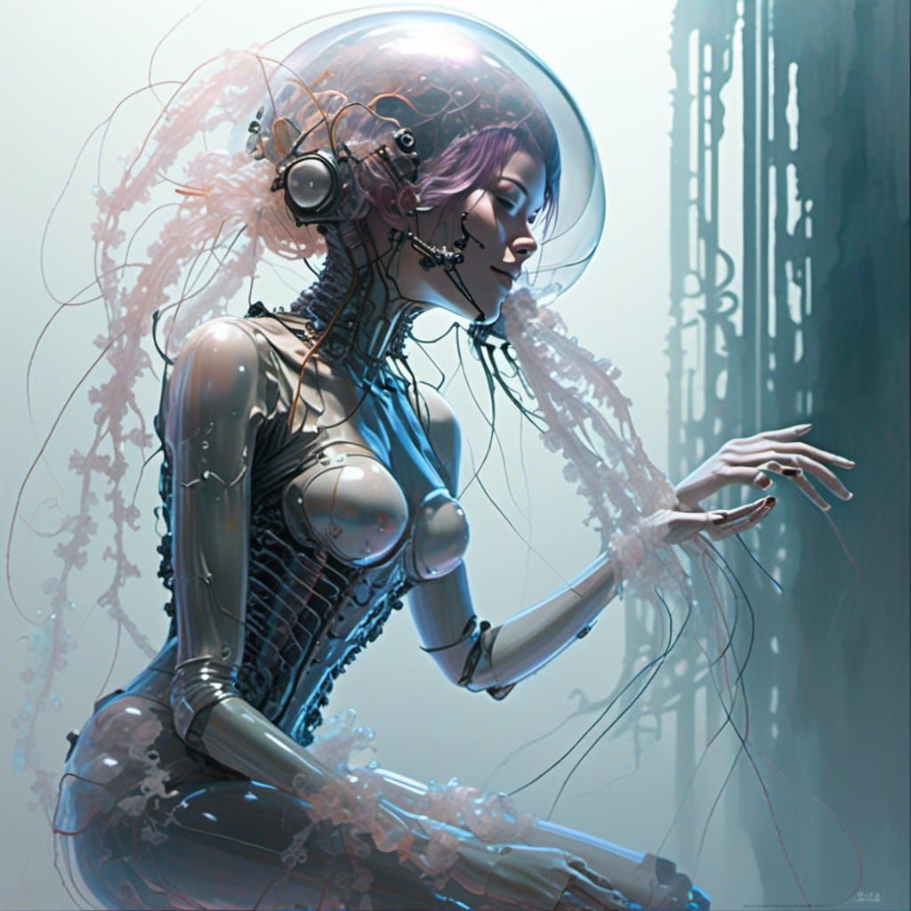 Cyborg Woman with Iridescent Weaponry in Synthwave Style