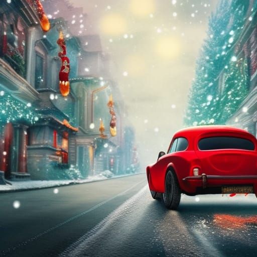 Fairytale Red Car on Christmas Street: Digital Matte Paintin...