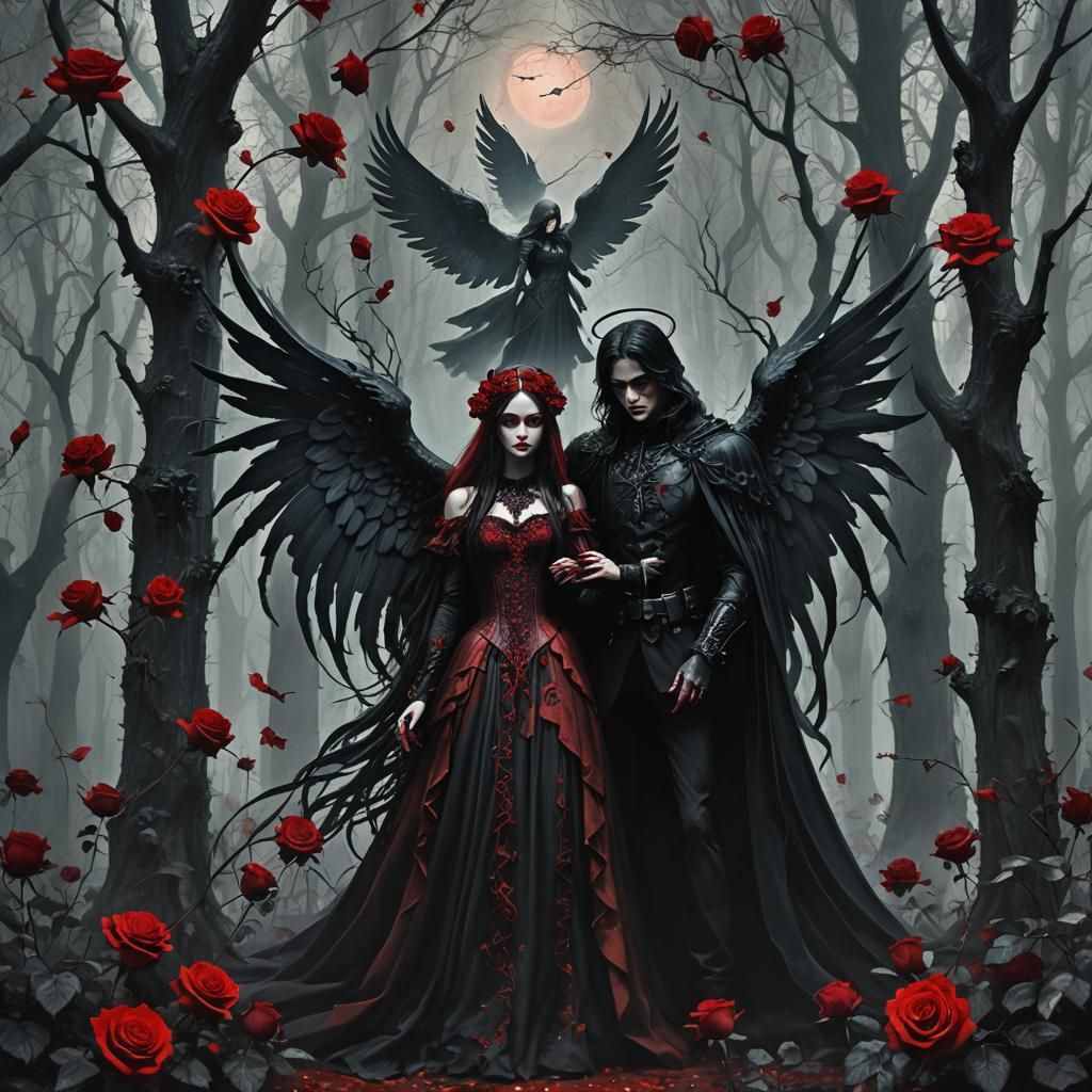 Gothic Angel in Rose Forest: Fantasy Concept Art
