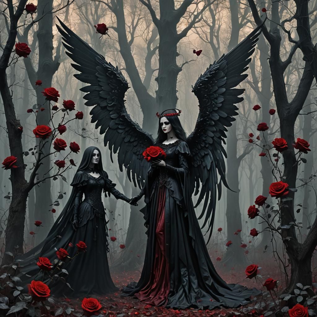 Angel and Gothic Girl in Dark Rose Forest