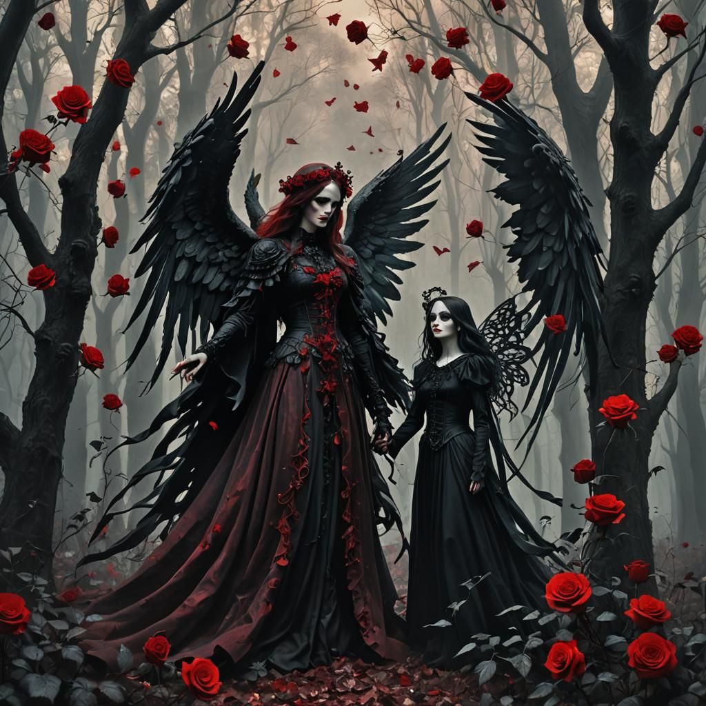 Angel and Gothic Girl in a Dark Rose Forest