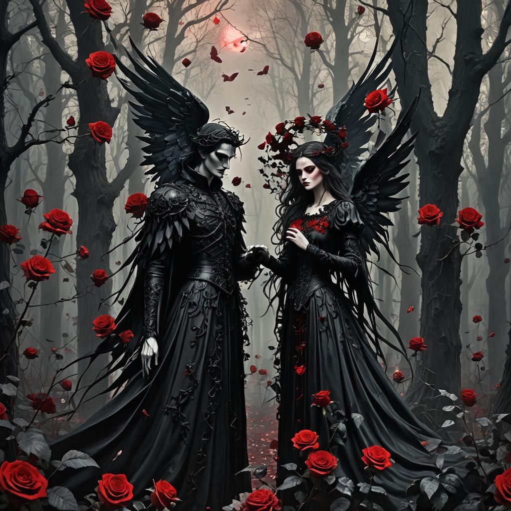 Angel and Gothic Girl in Dark Rose Forest