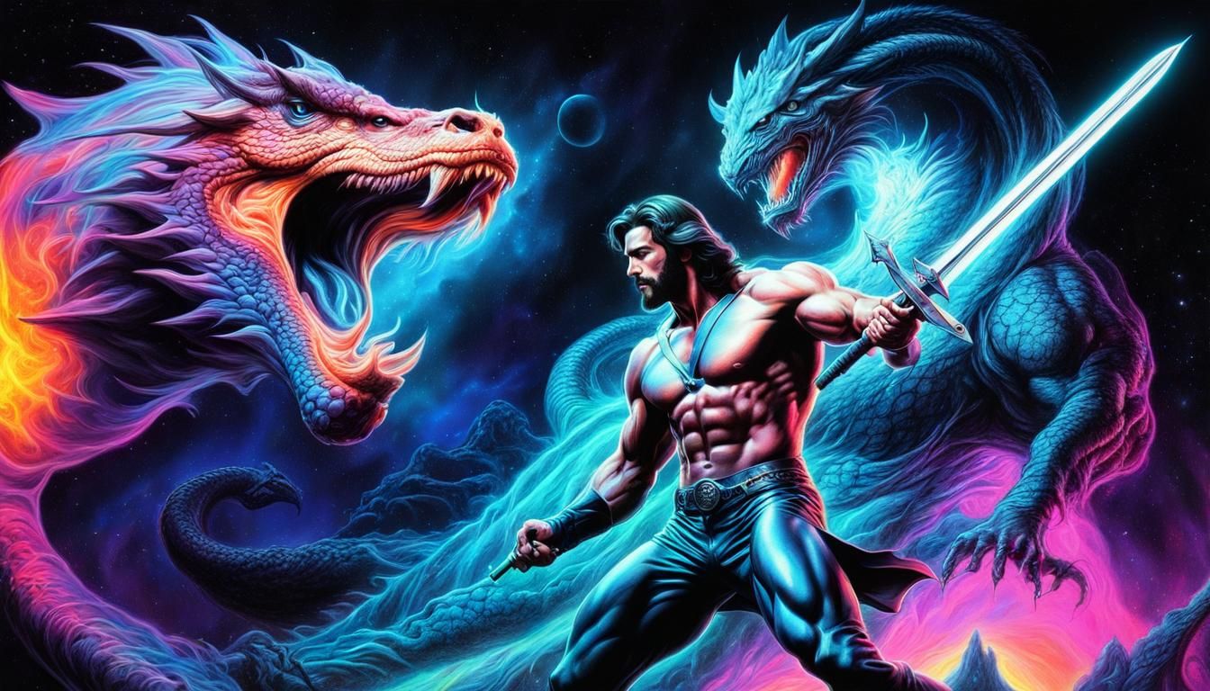 Sci-Fi Fantasy Hero Battles Dragon in Black Light