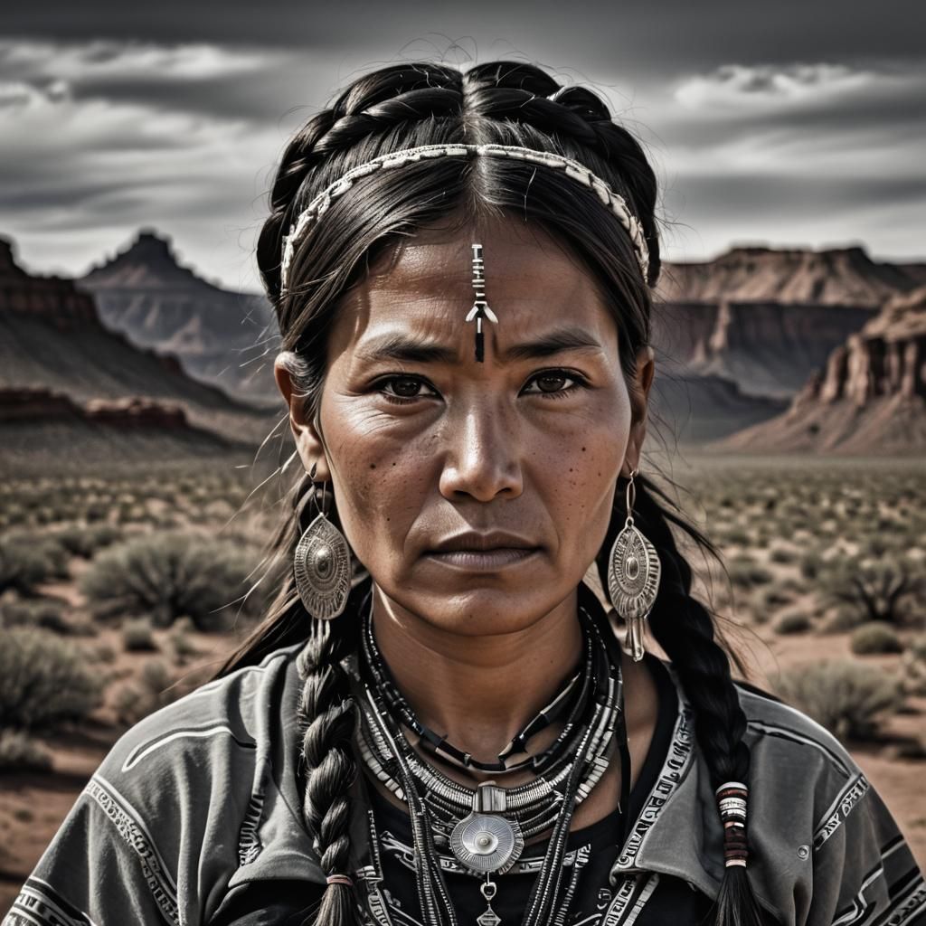 Hyperrealistic Portrait of a Navajo Woman with Braids
