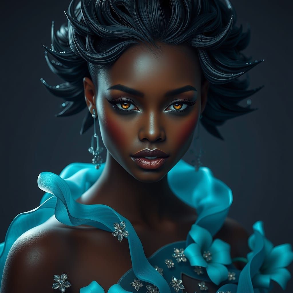 Ebony Woman with Amethyst Eyes in Fantasy Style