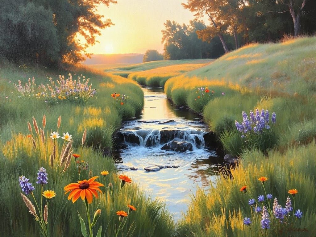 Impressionistic Stream Through Lush Meadow at Dusk