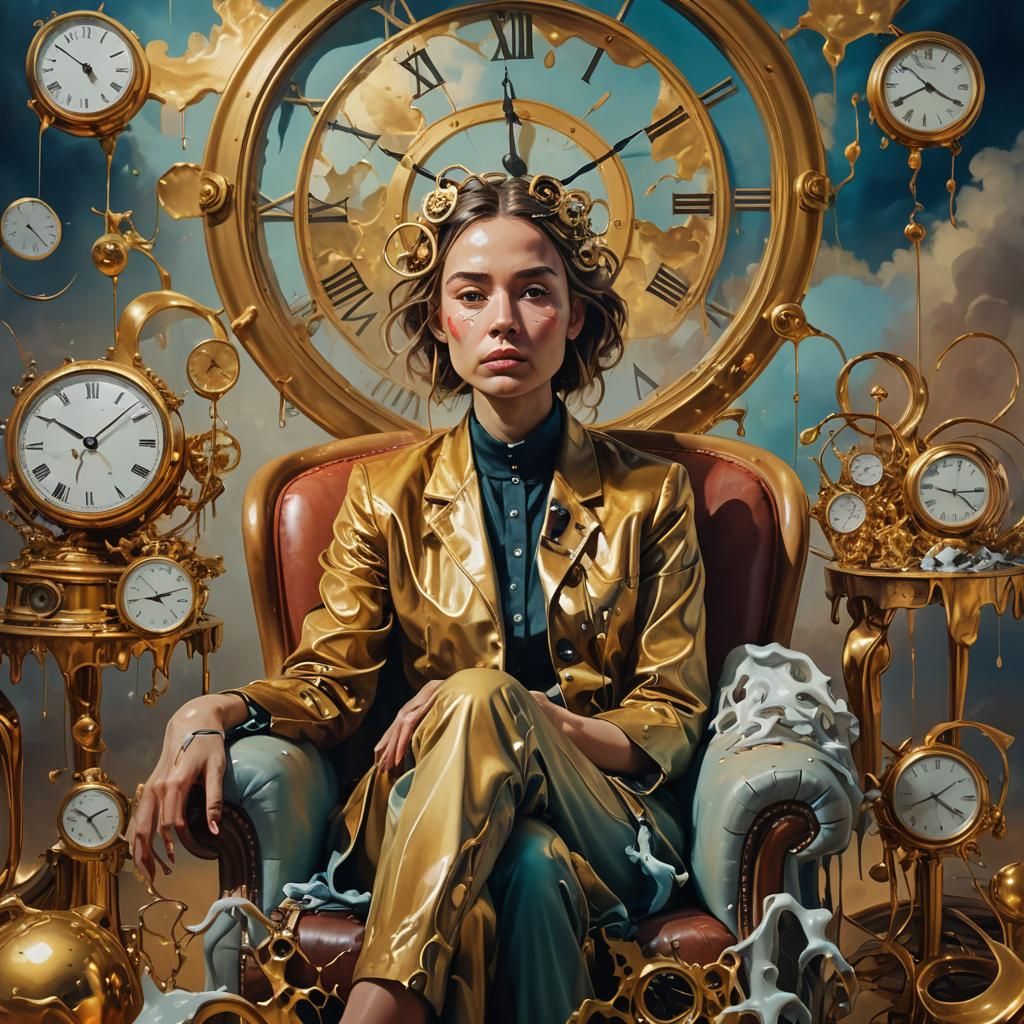 Surreal Portrait of Woman with Melting Clocks