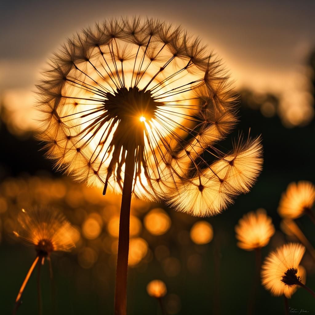 Dandelion Clock Backlit in Golden Hour