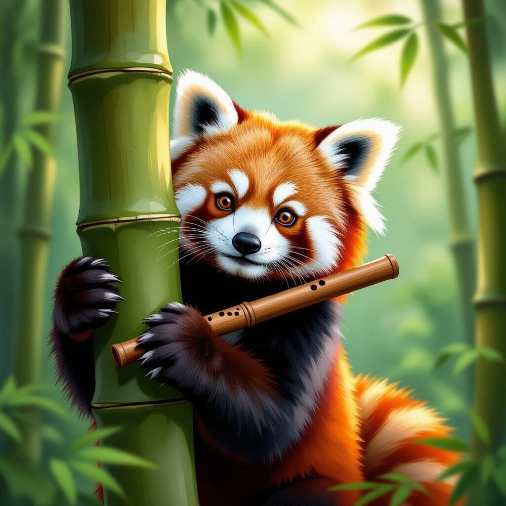 Playful Red Panda with Bamboo Flute in Forest Clearing