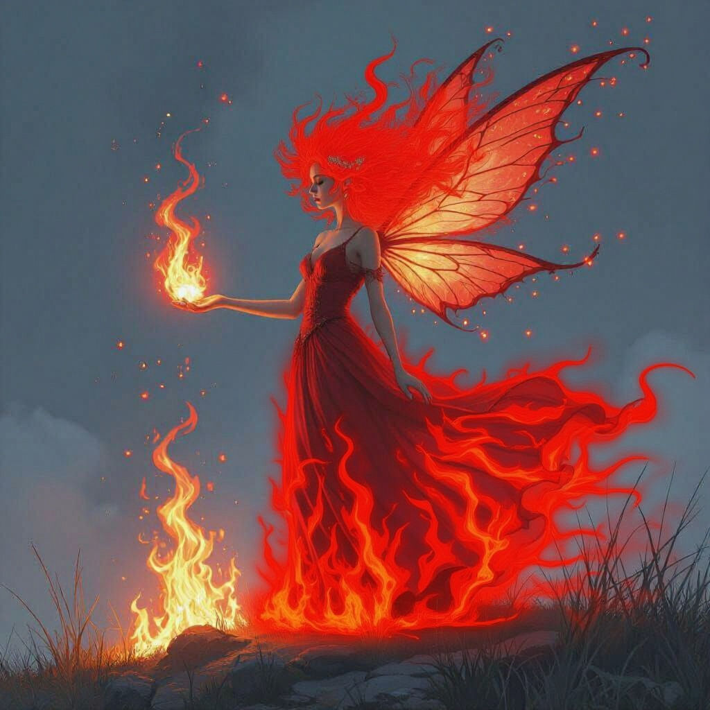 Red Fire Fairy Dances in Beacon Flames