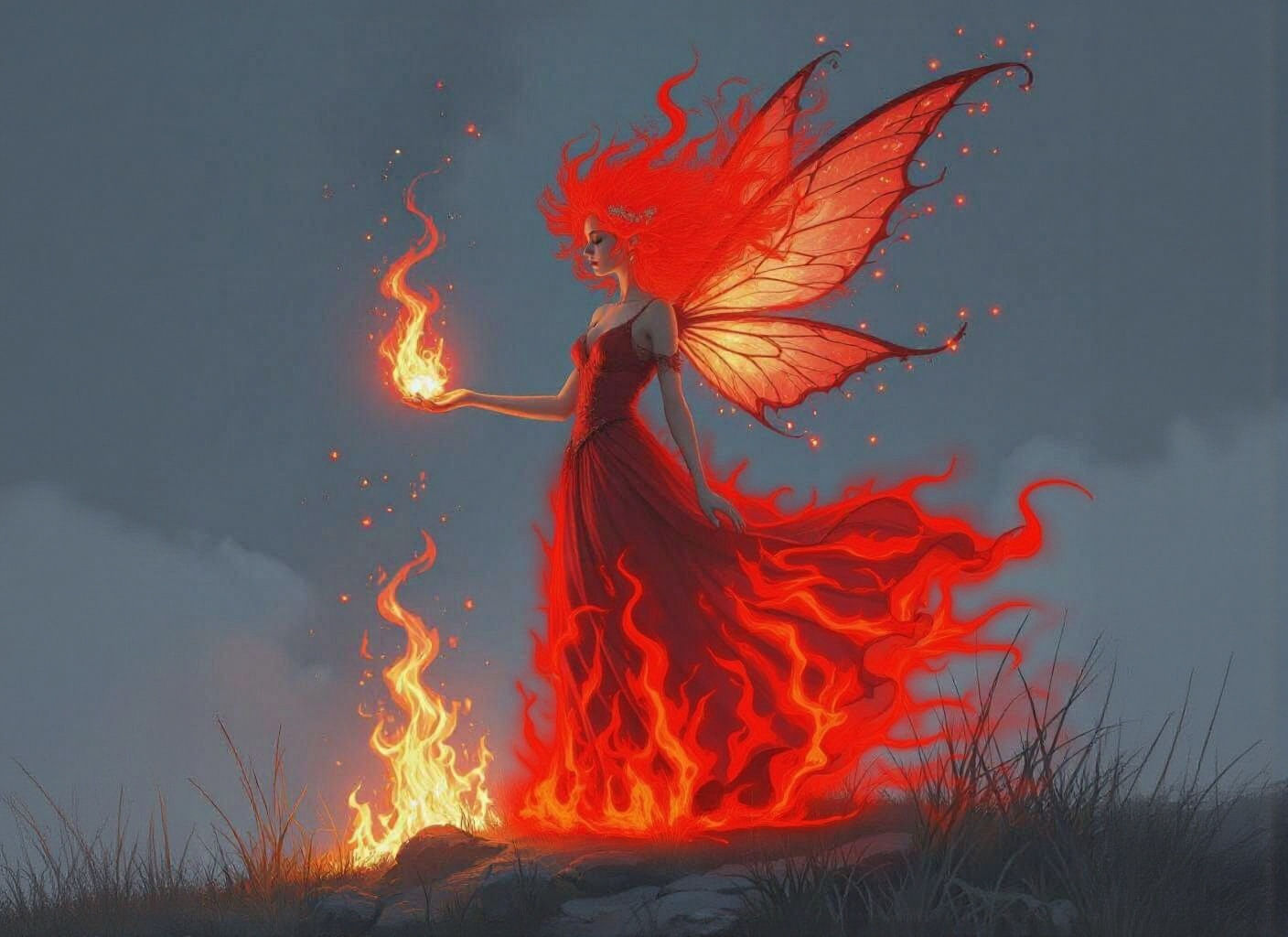Red Fire Fairy Dances in Beacon Flames