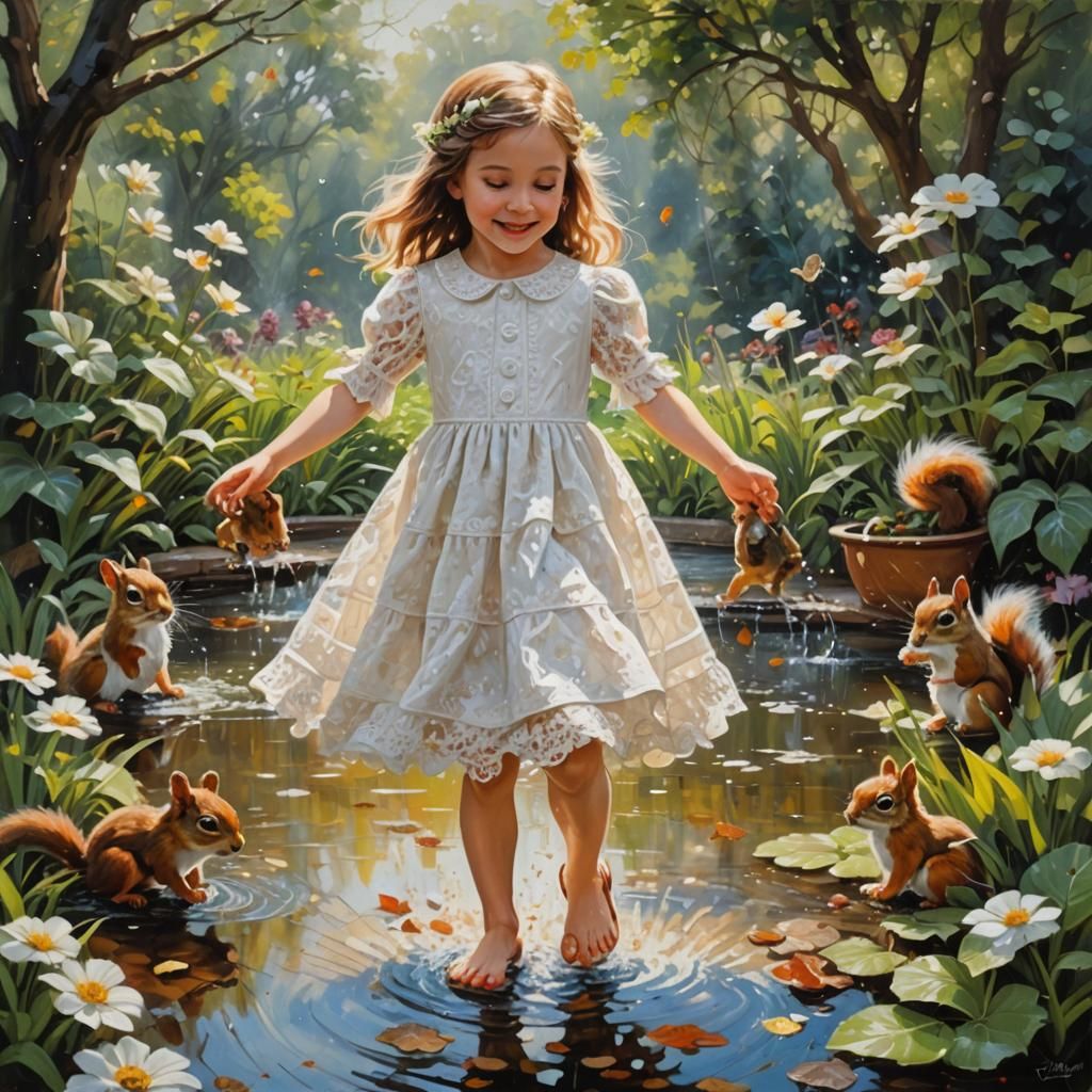 Girl in Garden with Squirrels as Oil Painting
