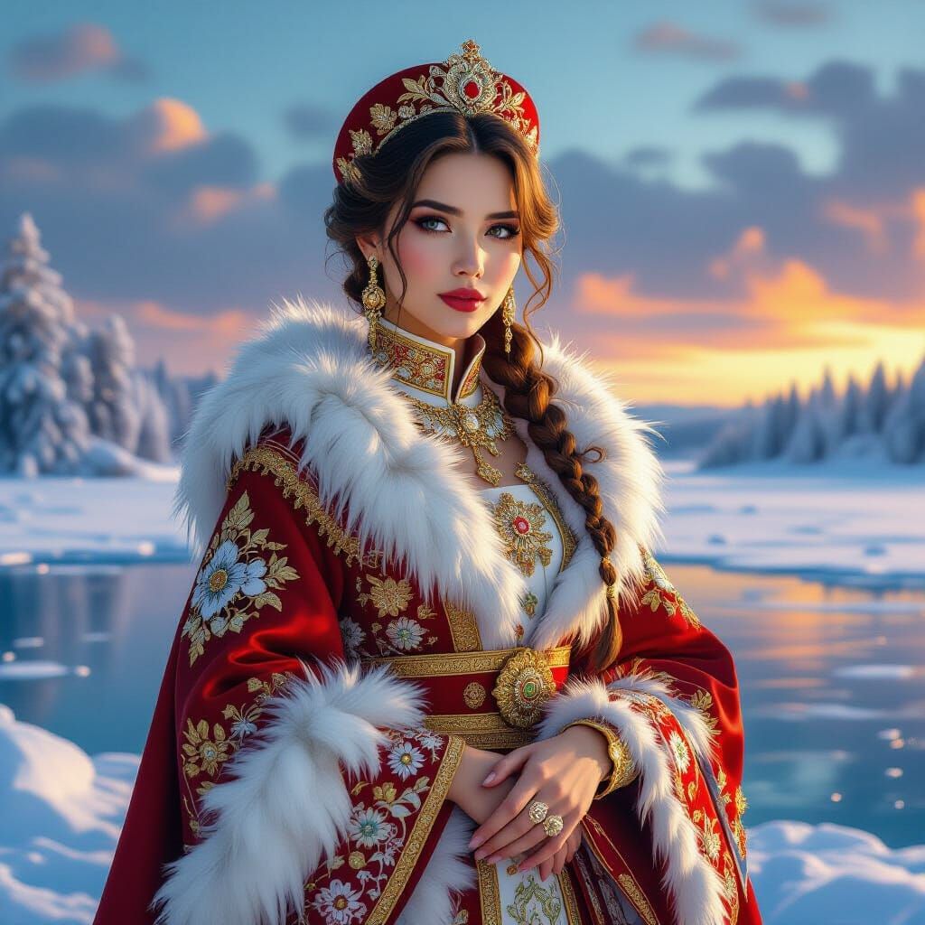 Russian Woman in Traditional Clothing on Frozen Lake