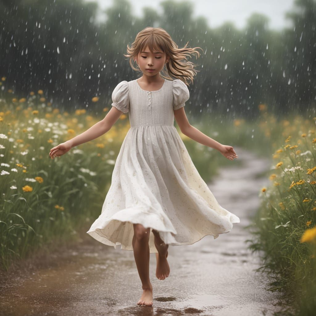 Anime Girl Dances Barefoot in Summer Rain