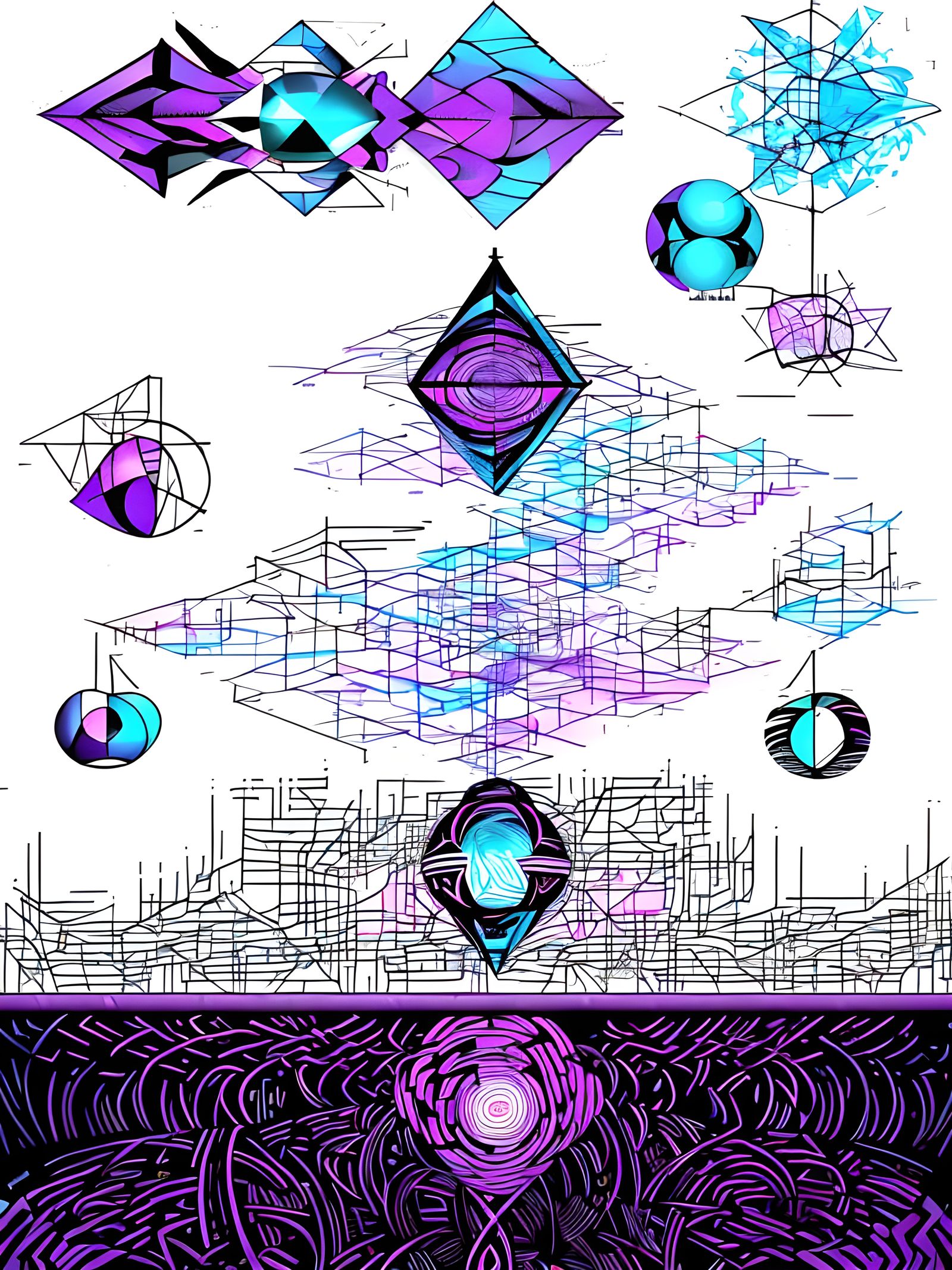 Funky Doodle Cityscape with Hexagons and Pink and Blue