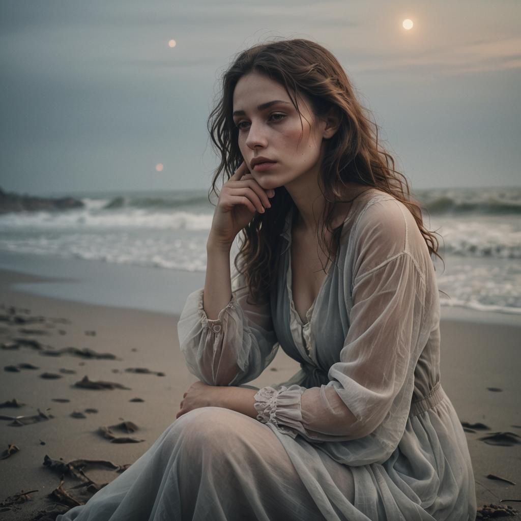 Surreal Woman on Abandoned Beach in Soft Moonlight