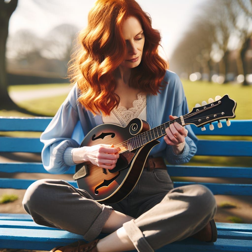 Serenity at the Park with Red Hair and Mandolin in a Vibrant...