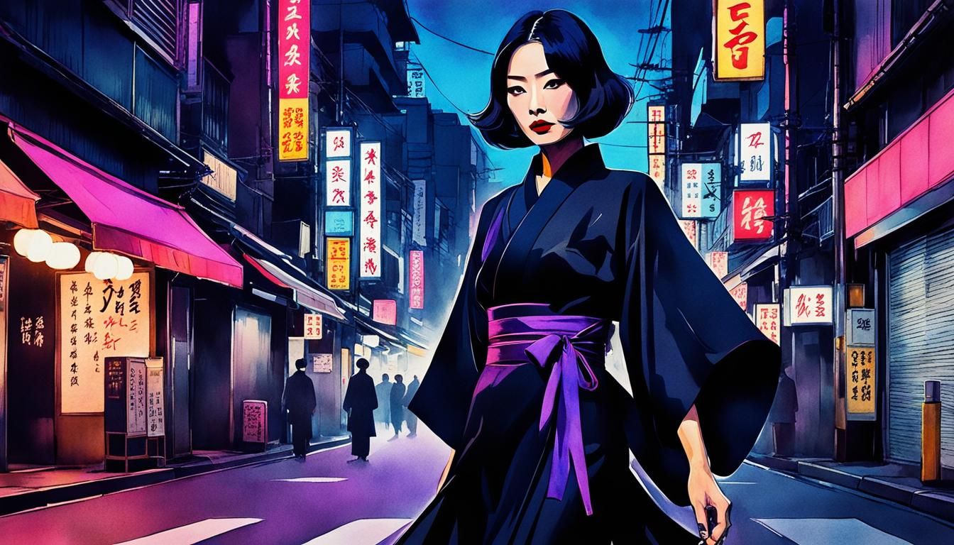 Tokyo Woman in Kimono: Japanese Ink Art Style